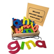 Mainan Edukasi Anak Mainan Kayu Set Menjahit Huruf Abjad Papan Jahit Huruf Tali Montessori Toys