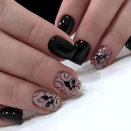 24pcs Glossy Solid Black False Nails Short Square Exquisite Butterfly Designs Acrylic Fake Nails