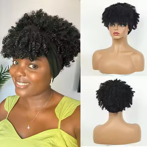 Afro Kinky Curly Headband Wigs Short Fluffy Curly Scarf Wig with Bangs Natural Synthetic Afro Curly 