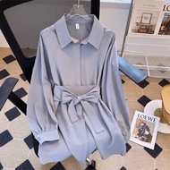 Blouse Korean Style Long Sleeve Mid-Length White Women's Shirt Casual Bishop Sleeves Top Female West