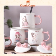 Girl-shaped ceramic cup with pink bow lid and cute meaningful gift spoon, water holder, multi-purpos