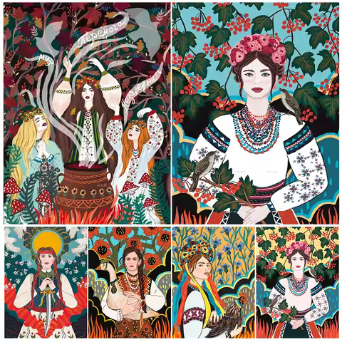 Peace Girl Ukraine Folk Illustration Wall Art Canvas Painting Ukrainian Girl In Bright Clothes Abstr