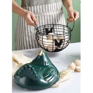 【Activity】Large Stainless Steel Mesh Wire Egg Storage Basket with Ceramic Farm Chicken Top and Handl