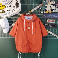 Hong Kong style Harajuku BF style hooded pullover short-sleeved sweatshirt for men港味原宿BF风连帽套头短袖卫衣男女潮