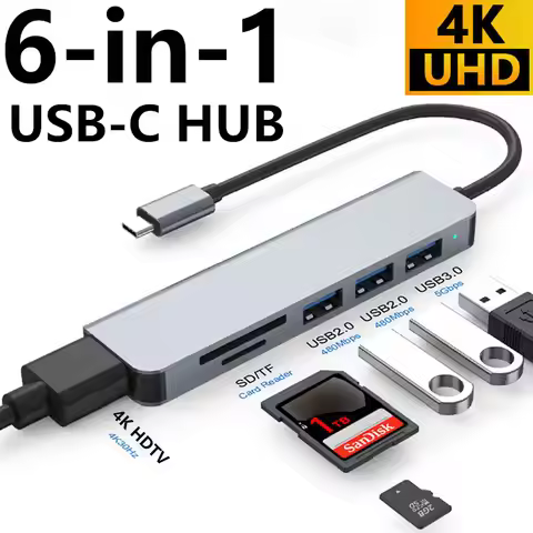 6-in-1 USB-C Hub, 4K HDTV Video Output, USB 3.0 5Gbps, USB 2.0, SD TF Card Reader, Multiport Adapter