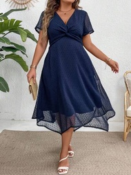 SHEIN Privé 加大尺碼的夏季連衣裙，扭結前方，遮陽袖，束腰設計和不規則下擺