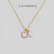 CACO Freshwater Pearl Clover Necklace 18K Gold Plated on 925 Silver Mother of Pearl "Clover Drop (Ne