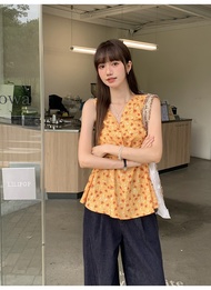 92422 Yellow Floral Twisted V-Neck Narrow-Waist Sleeveless Vest