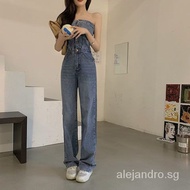 Slim-fit plastering Korean-style jumpsuit jumpsuit wide-leg high-waist women's workwear mop pants spring and autumn denim New straight tube