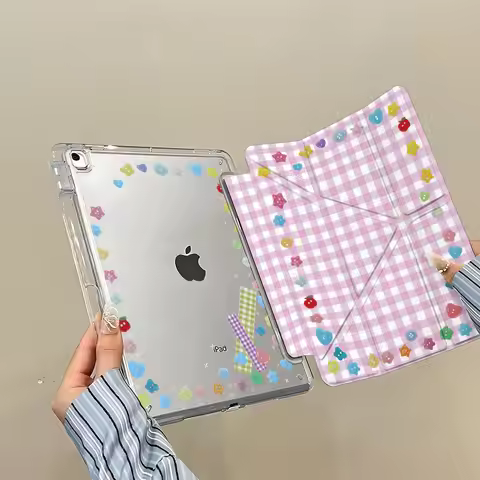 Ins Korean Button Grid Case For iPad Pro 11 13in 2025 iPad Pro 12.9in Air7 10th 11th M4 M5 Y-Shaped 