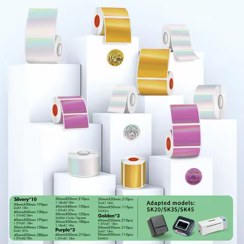 SINMARK 2 rolls Color Holographic Label Laser PET Sticker for Barcode Print Compatible for Phomemo M