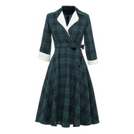 Vintage British Green Checkered Dress Green Long Sleeved Dress