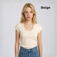 Plain B. Women Big U-Neck Cap Sleeve Top Ribbed Cotton Slim Fit Tee Comfortable Basic T-Shirt Inner 