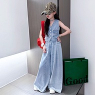 2026 Fashion 20262025Summer Denim New Style Fashionable Summer Girls Denim Vest Children Wide-Leg Pa