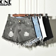 Women's ripped denim shorts, high waist striped denim shorts, Korean style wide leg denim shorts