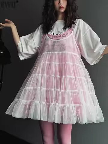 [EWQ] Korean Chic Sling Dresses U-neck Splice Layered Perspective Mesh Light Suspender Dress For Wom