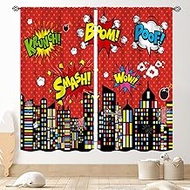 Superhero City Curtains for Boys Kids Teens, Red Spider Web Cityscape Buildings Cartoon Comic Blacko