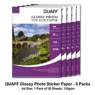 5 Packs Quaff Glossy Photo Sticker Paper Papers - A4 Size, 8.25x11.75 inches, 20 Sheets / Pack, 135g