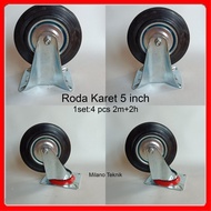 Roda Troli 5 inch 1Set (2hidup+2mati) Roda Karet / Roda Troly  / Roda Etalase  / Roda Gerobak