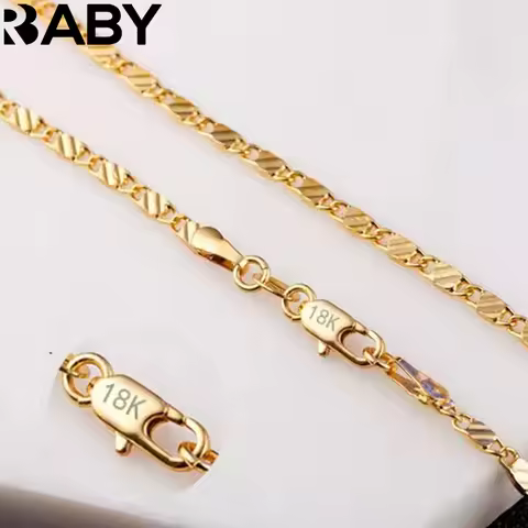 Fashion 18k Gold Necklace 2MM 16/18/20/22/24/26/28/30 Inch Side Chain Necklace For Women Men Jewelry