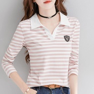 Áo thun nữ dài tay sọc Áo sơ mi mặc trong Dài Tay mùa xuân và mùa thu nữ áo thun nữ cổ Áo polo Áo nữ