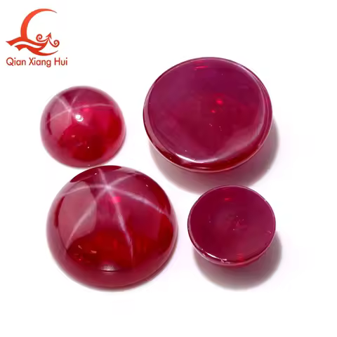 Round Cabochon Flat Back Lab Grown Star Ruby inclusion Loose Gemstone Star Effect Pigeon Blood Red S