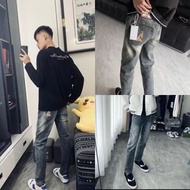 網紅同款美式高街TB帆船刺繡牛仔褲男痞帥百搭修身直筒長褲潮-藍色 S