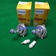 2 bulbs of H4 Philips 60 / 55W 12V P43t-38 bulbs, plus 2 T10 LED (no brand) bulbs.