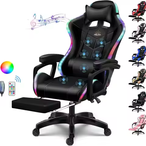 Gaming Chair with Speakers and RGB LED Light, 7 Points Massage Video Game Chair Adjustable with Head