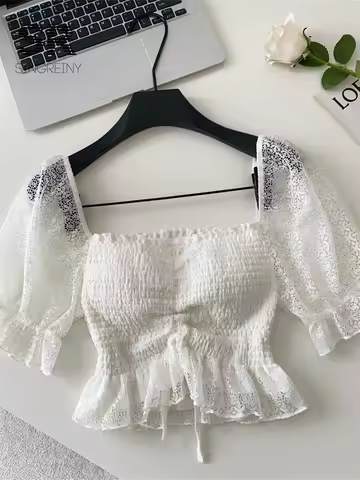 SINGREINY Lace Puff Sleeve Blouses Ladies French Style Off Shoulder Shirring Stretchy Slim Shirts Su