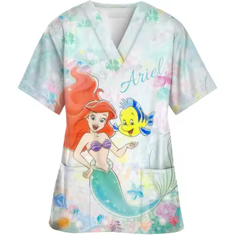 Disney Princess Moana Print V-Neck Print Scrub Top Short Sleeve Top Hospital Nurse Caregiver Pet Sho