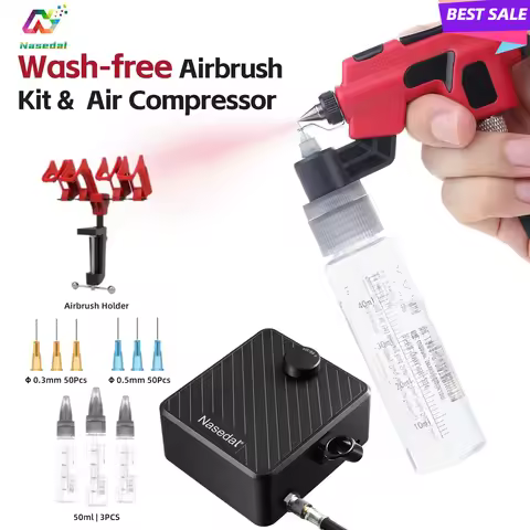 New【DSPIAE PT-AB Wash-Free Airbrush Kit 】with Nasedal 40PSI Auto-Stop Compressor for Gunpla Model Pa