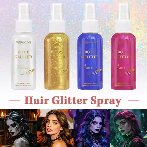 4 Colors Body Glitter Spray for Hair Face & Body, Shimmer Highlighter Mist, Long Lasting Glow, Festi
