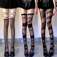 Y2k辣妹黑色条纹过膝袜交叉绑绳辣妹显瘦黑丝袜超薄连裤袜黑丝袜woaiziji666.my26.3.2