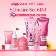 [New]Glad2Glow Day&Night Skincare Set 6IN1 6PCS-Body Serum+Facial Wash+Serum+Moisturizer+Bright Up C