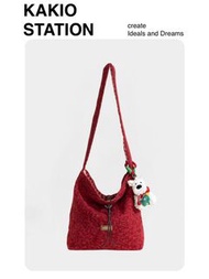 KAKIO FASHION 紅色毛絨斜孭包休閒百搭單肩包大容量水桶包返工Tote Bag 👉🏻2️⃣種款式👈🏻