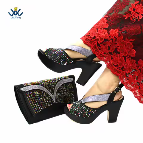 Fashionable Italian Mature Style African Sets Black Color Nigerian Shoes Matching Bags for Royal Wed