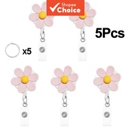 Cute 3D Pink Flower Badge Reel 6Pcs Set Retractable with 5 Keyrings for Nurse Teacher Student ID Nam