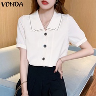 VONDA เสื้อเบลาส์ปกสีทึบลำลองผู้หญิงเสื้อแขนพองสง่างาม (ลำลองเกาหลี) [ลดล้างสต๊อก]