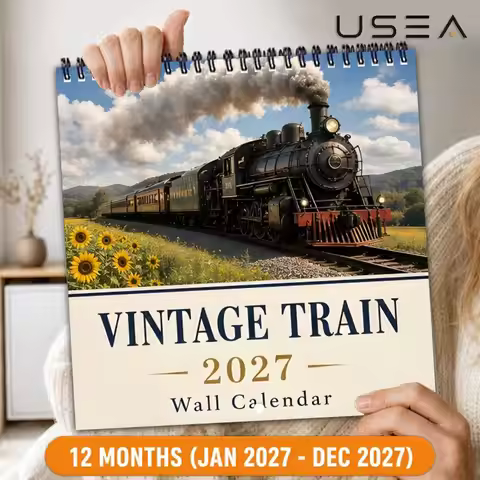 2027 Wall Calendar,Hanging Vintage Steam Train Calendar, US Federal Holidays, Aesthetic Wall Decor H