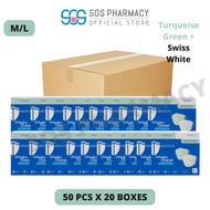 MEDICOS Regular Fit Size M/L 175 HydroCharge 4ply Surgical Face Mask  Mint + Swiss White  (50's x 20 Boxes) - 1 Carton