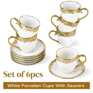 MBB 6-Piece (200ml) Coffee Cups Set w/ Gold Trim – Ceramic Cups & Saucers,Perfect to Coffee lovers