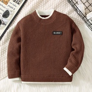 1pc Young Boys' 2 In 1 English Patch Basic Pullover Sweater, Suitable For Kids Outfits, Young Boy Cl