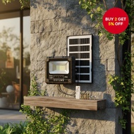 Solar powered flood light with die-cast aluminum casing and IP68 waterproof rating.  Lampu Banjir So