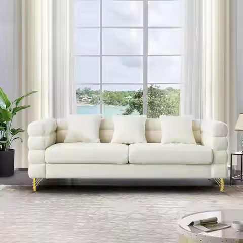 Modern White Teddy Fabric Sofa with Square Arms and 4 Golden Legs for Living Spaces and Offices