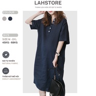 LAHSTORE straight linen dress with loose sleeve shirt collar and 2 wide rib pockets (Dark Blue)