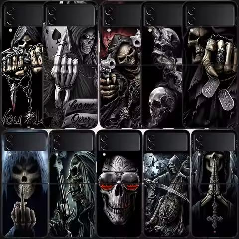 Grim Reaper Skull Skeleton Case for Samsung Galaxy Z Flip 6 Flip 5 4 3 5G Black Cell Phone Cover Sam