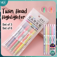 VC Art Twin Head Highlighter Set of 3/6 with Round Tip & Chisel Capsule Highlight 6's Colors School 
