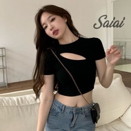 Saiaicrop top shirt short women Korean style sexy fashion short sleeve tops cropped tight hot girl top Korean women versatile short top