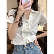 Korean Fashion Polo Neck Lace up Short Sleeve T-shirt Women Clothes All Match ins Casual Top